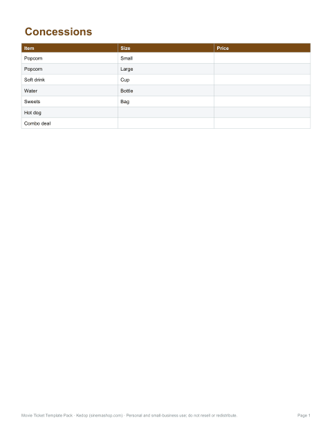 Preview of the first page of Concession menu (PDF/DOCX)