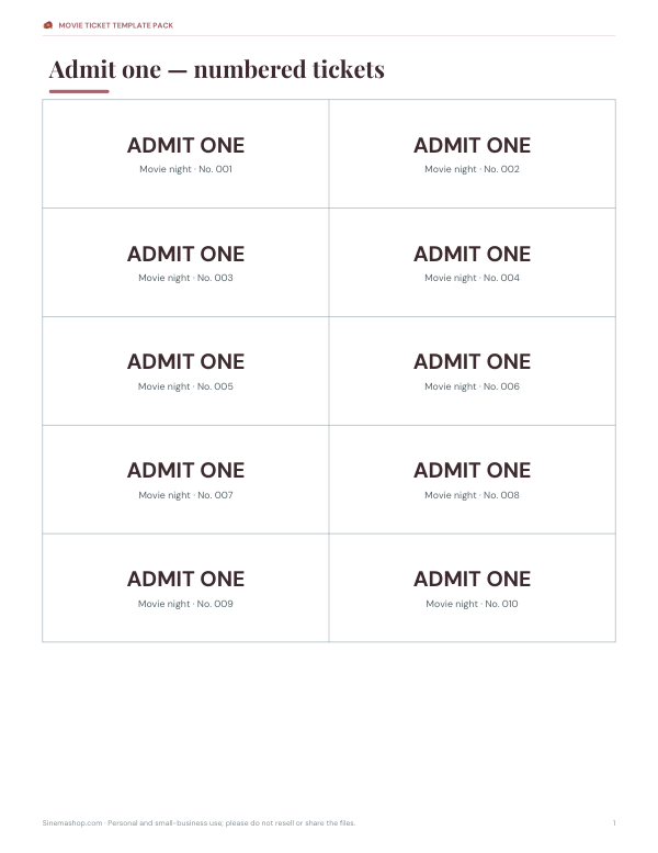 Preview of Printable Admit One Tickets
