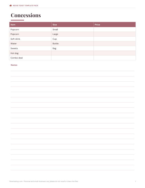 Preview of Printable Concession Menu