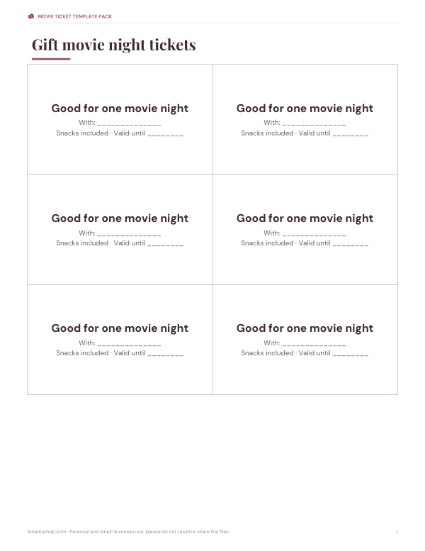 Preview of Printable Gift Movie Tickets