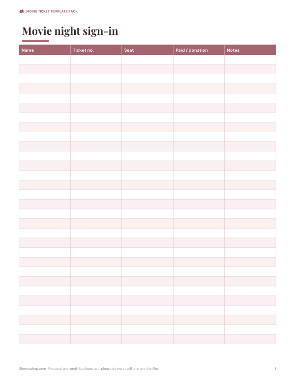 Preview of Printable Movie Night Sign-In Sheet